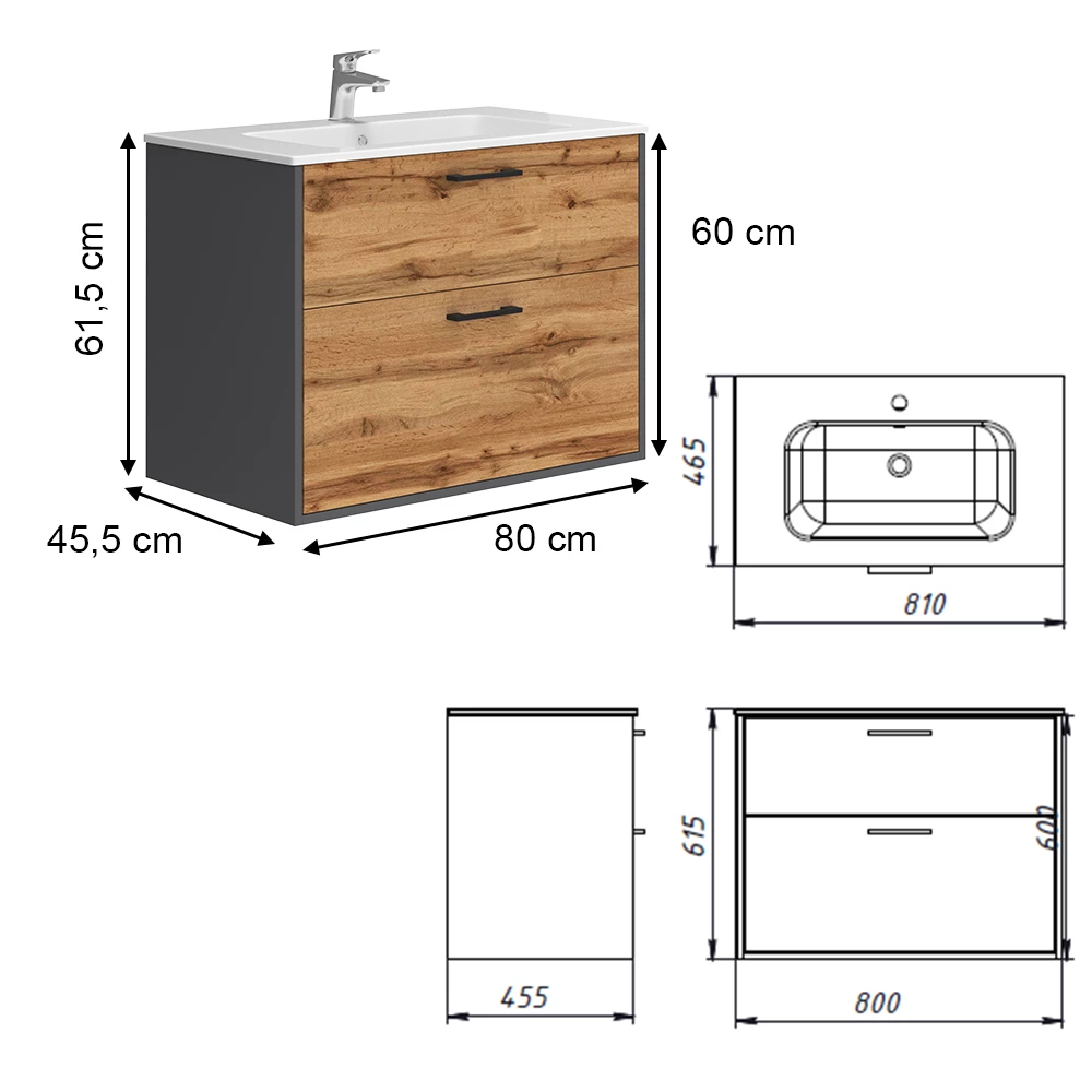 Vicco Badmöbel-Set Anthrazit/Goldkraft Eiche 80 x 61.5 cm mit Waschbecken, Lanco
