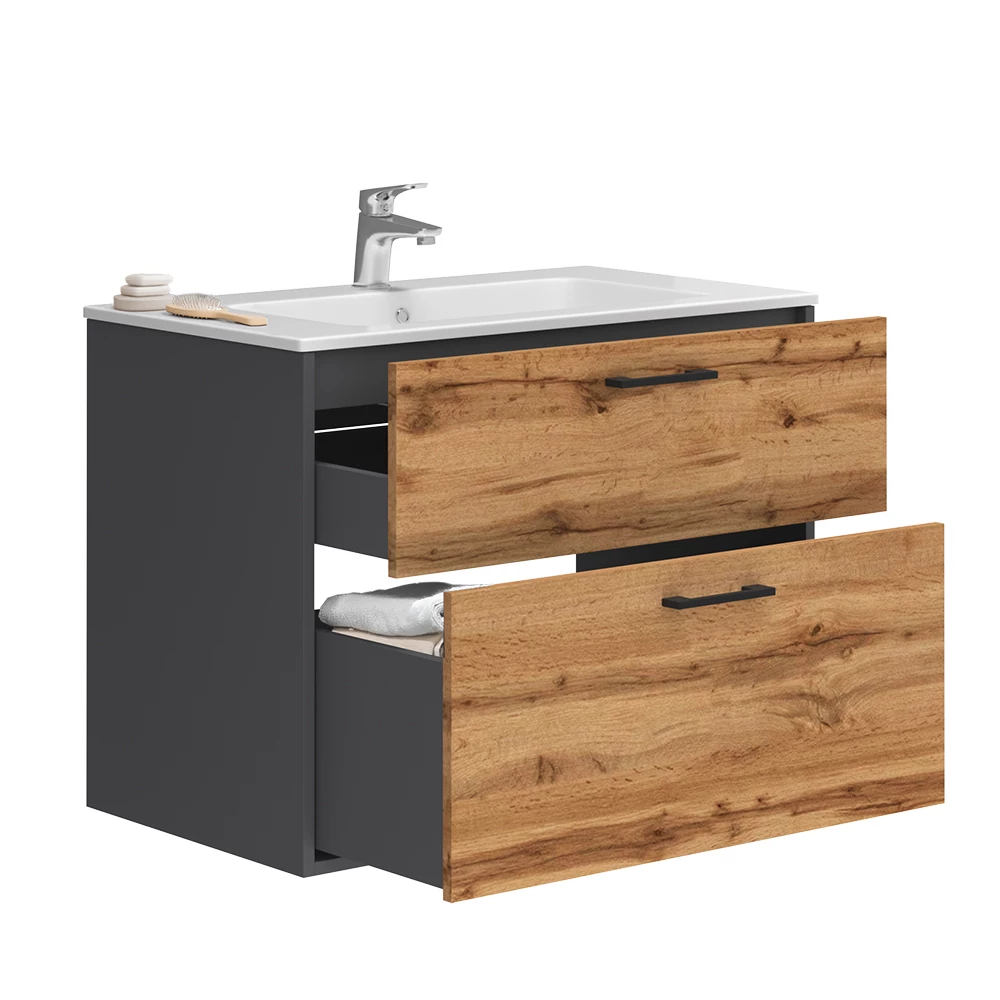 Vicco Badmöbel-Set Anthrazit/Goldkraft Eiche 80 x 61.5 cm mit Waschbecken, Lanco