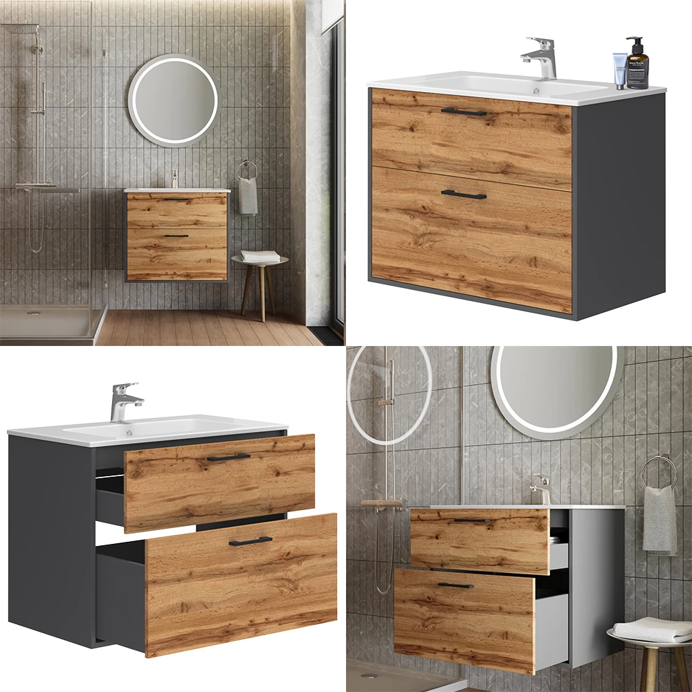 Vicco Badmöbel-Set Anthrazit/Goldkraft Eiche 80 x 61.5 cm mit Waschbecken, Lanco