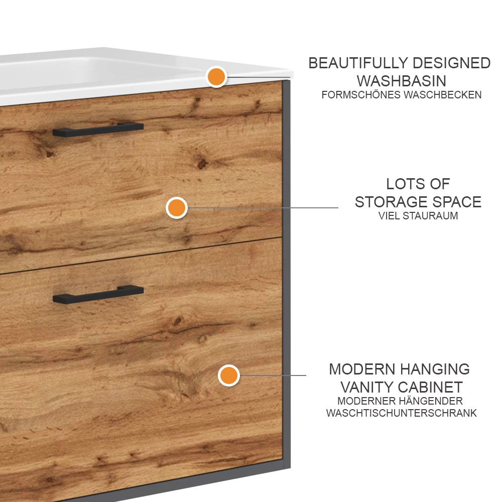 Vicco Badmöbel-Set Anthrazit/Goldkraft Eiche 80 x 61.5 cm mit Waschbecken, Lanco