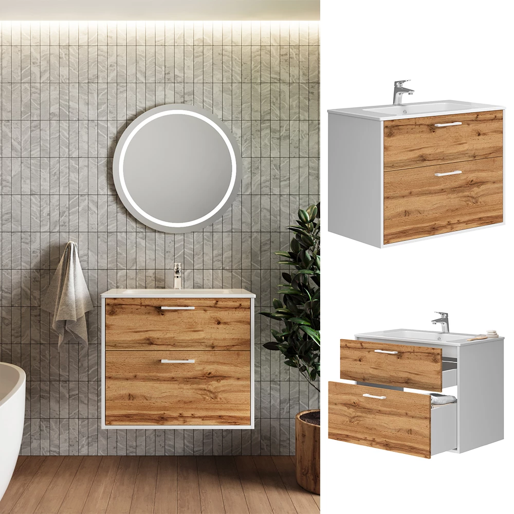 Vicco Badkamermeubelset Eik wit/goud 80 x 61.5 cm met wastafel, Lanco