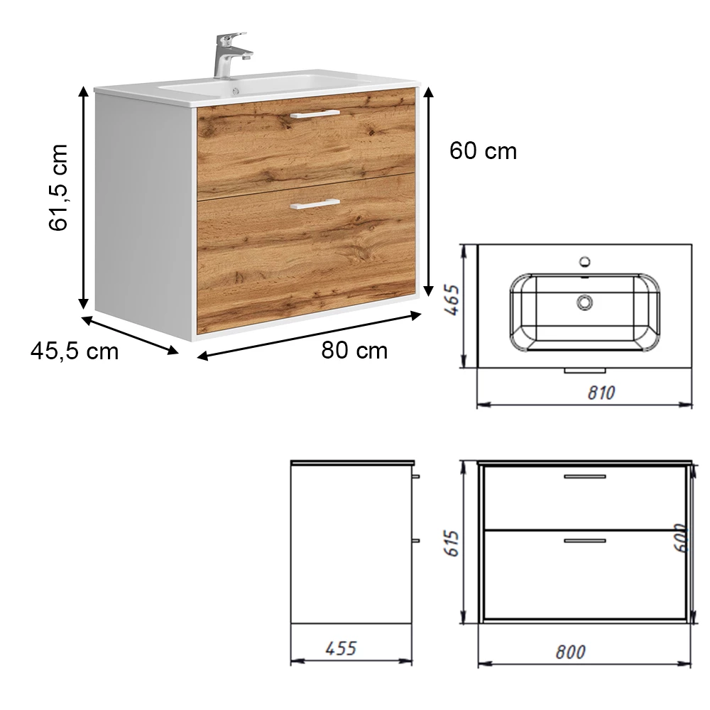 Vicco Badkamermeubelset Eik wit/goud 80 x 61.5 cm met wastafel, Lanco