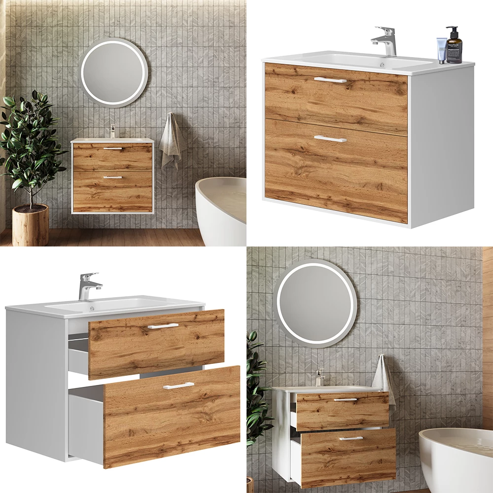 Vicco Badkamermeubelset Eik wit/goud 80 x 61.5 cm met wastafel, Lanco