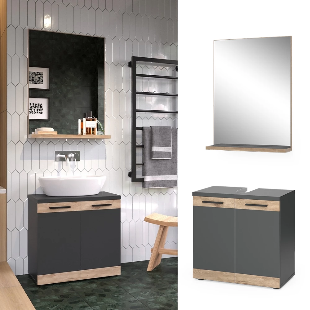 Vicco Set di mobili da bagno Antracite/quercia vichinga con specchio, Niko