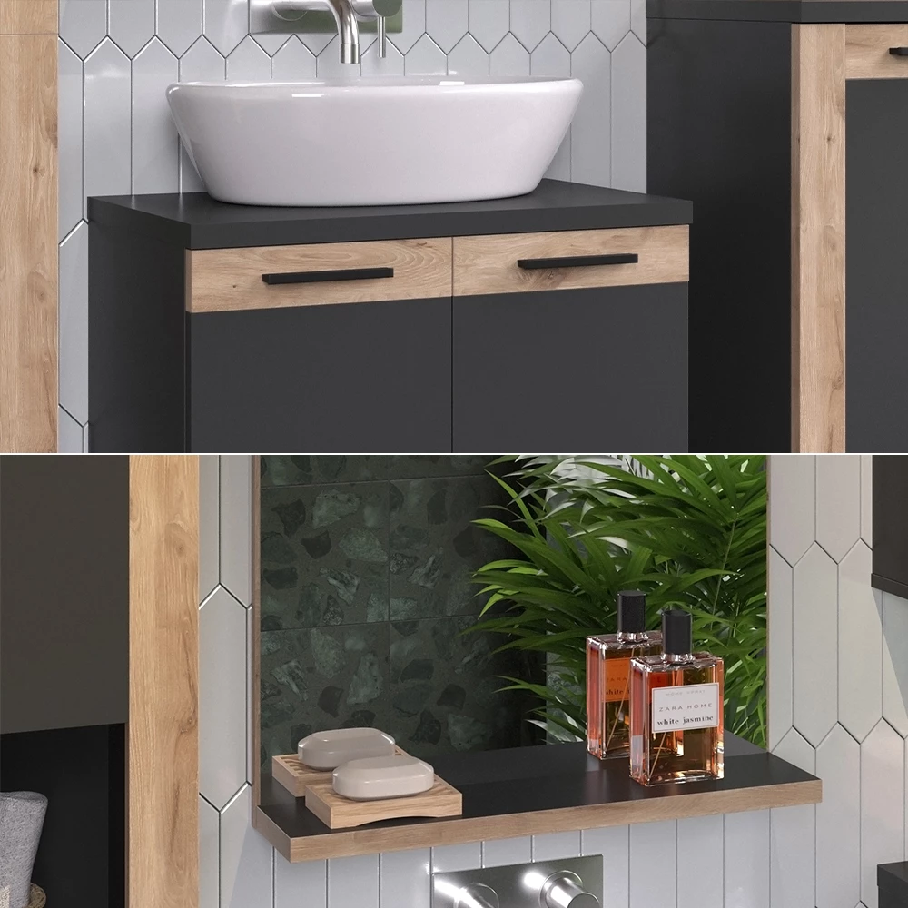 Vicco Badmöbel-Set Anthrazit/Viking Oak mit Spiegel, Niko
