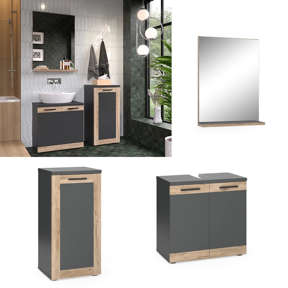 Vicco Badmöbel-Set Anthrazit/Viking Oak mit Midischrank, Niko