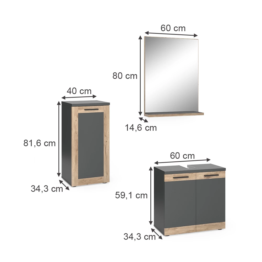 Vicco Badmöbel-Set Anthrazit/Viking Oak mit Midischrank, Niko