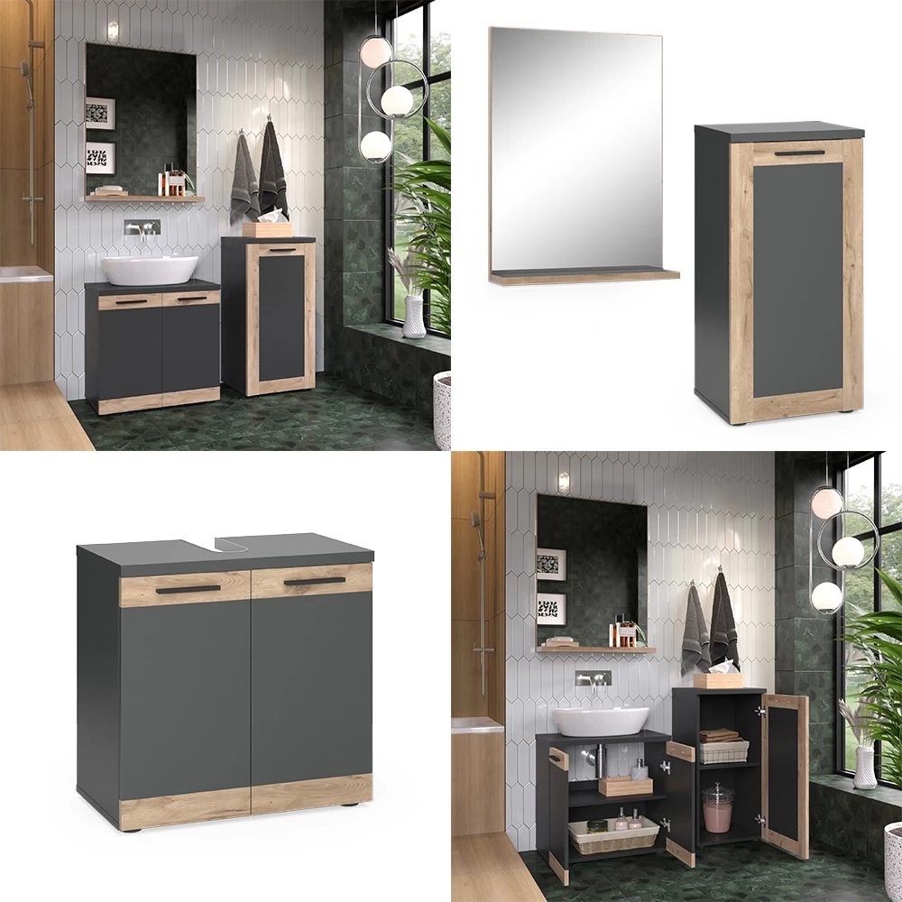 Vicco Badmöbel-Set Anthrazit/Viking Oak mit Midischrank, Niko