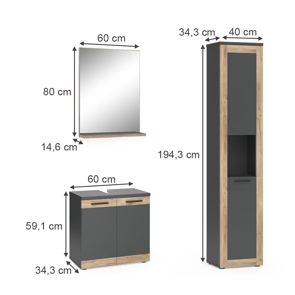 Vicco Badmöbel-Set Anthrazit/Viking Oak mit Hochschrank, Niko