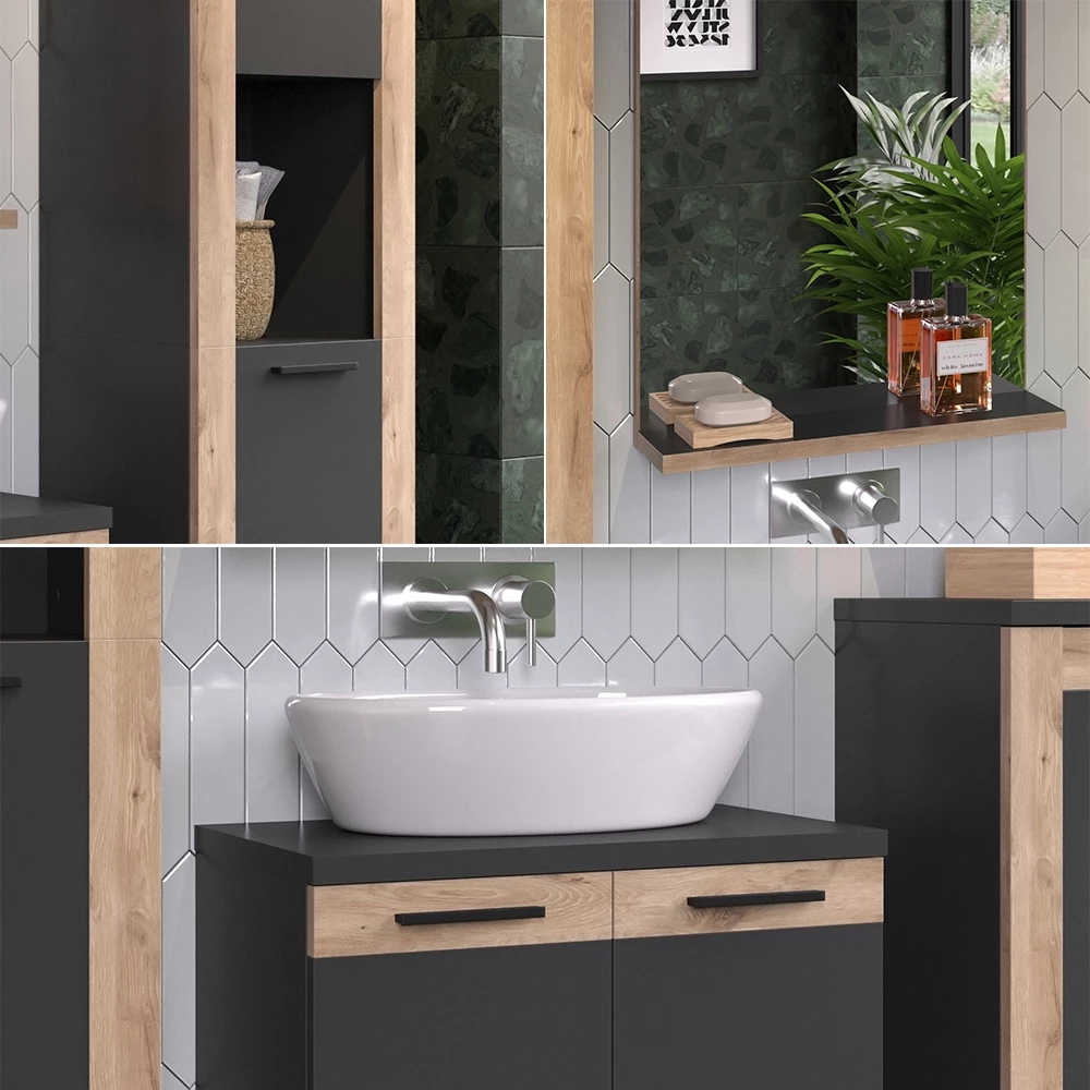 Vicco Badmöbel-Set Anthrazit/Viking Oak mit Hochschrank, Niko