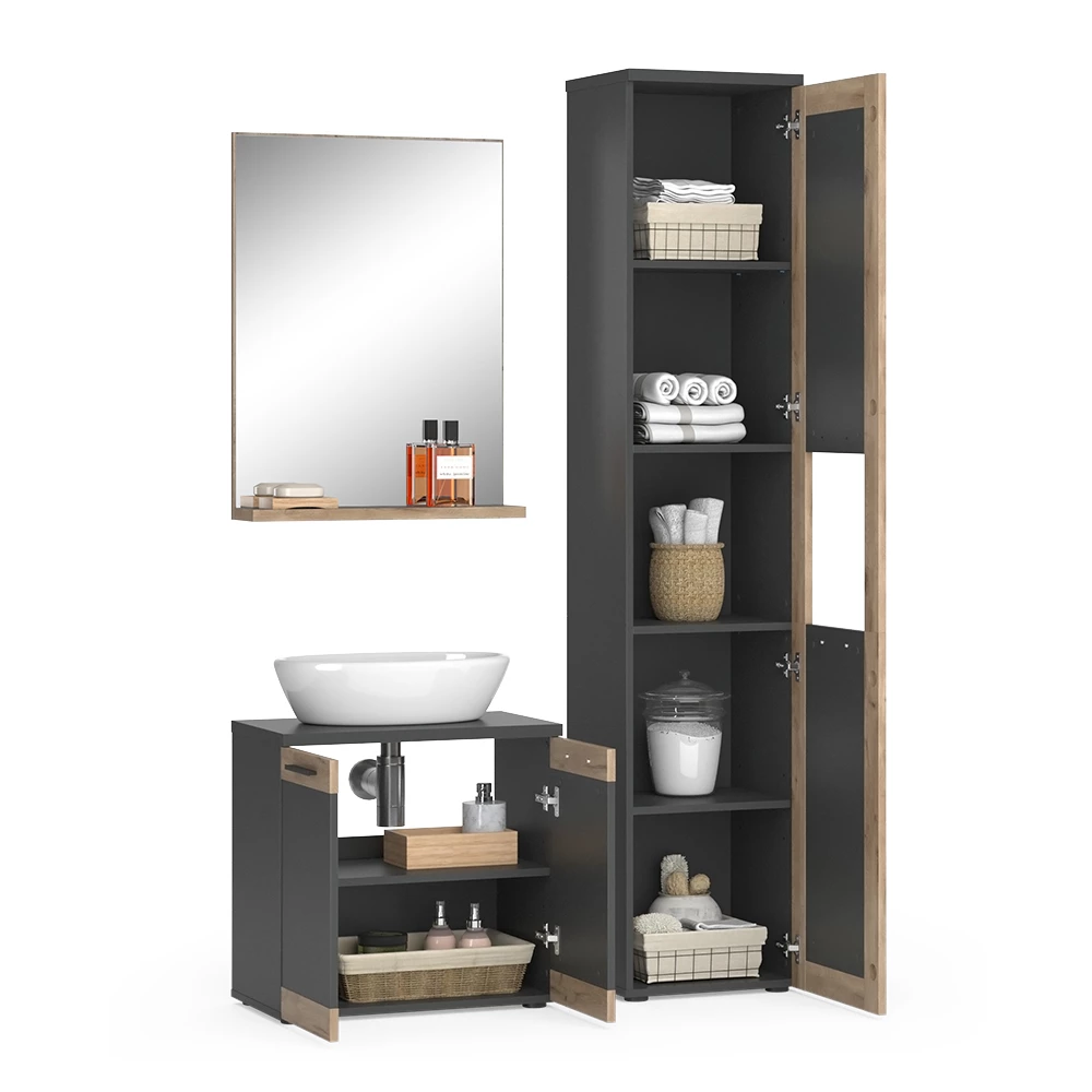 Vicco Badmöbel-Set Anthrazit/Viking Oak mit Hochschrank, Niko