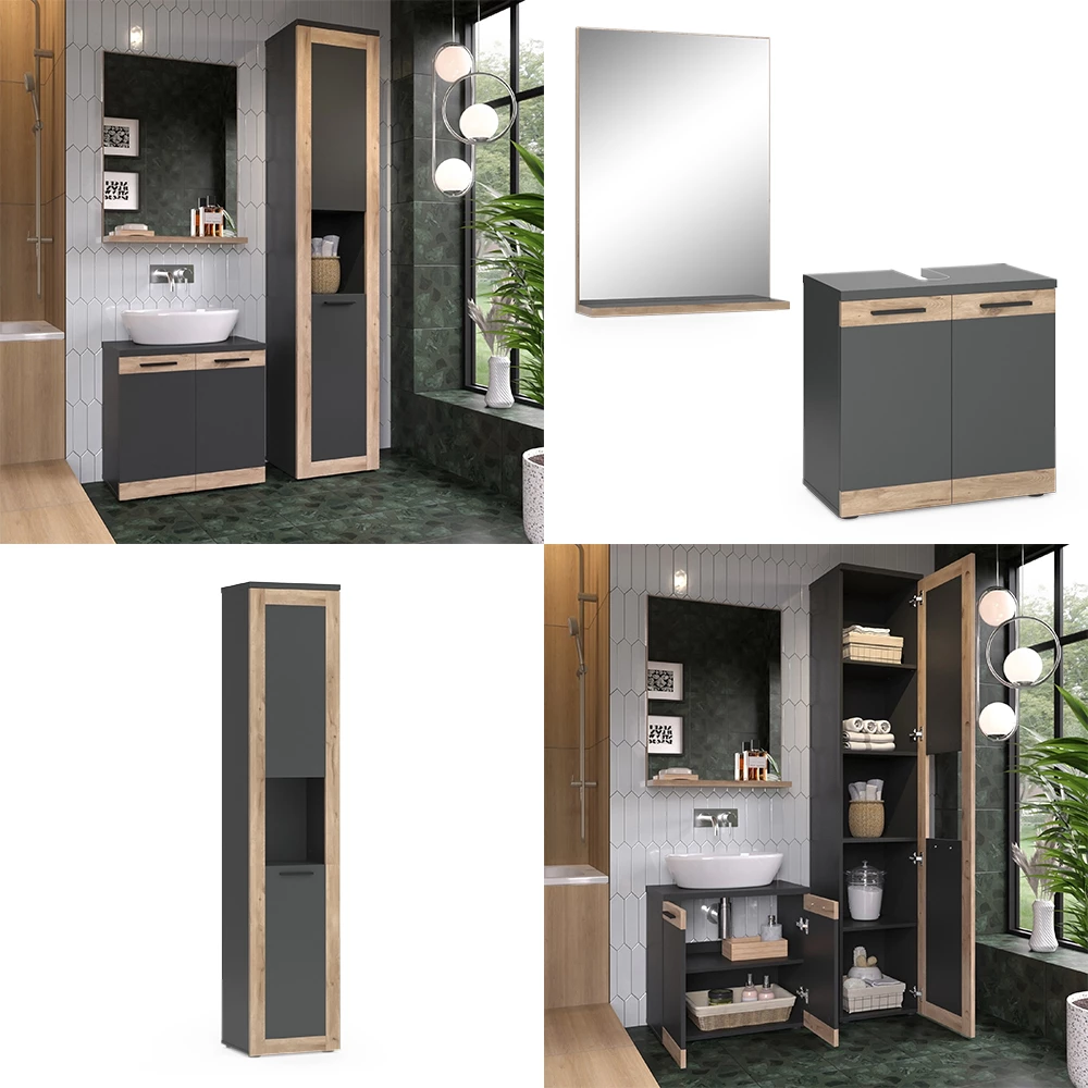 Vicco Badmöbel-Set Anthrazit/Viking Oak mit Hochschrank, Niko