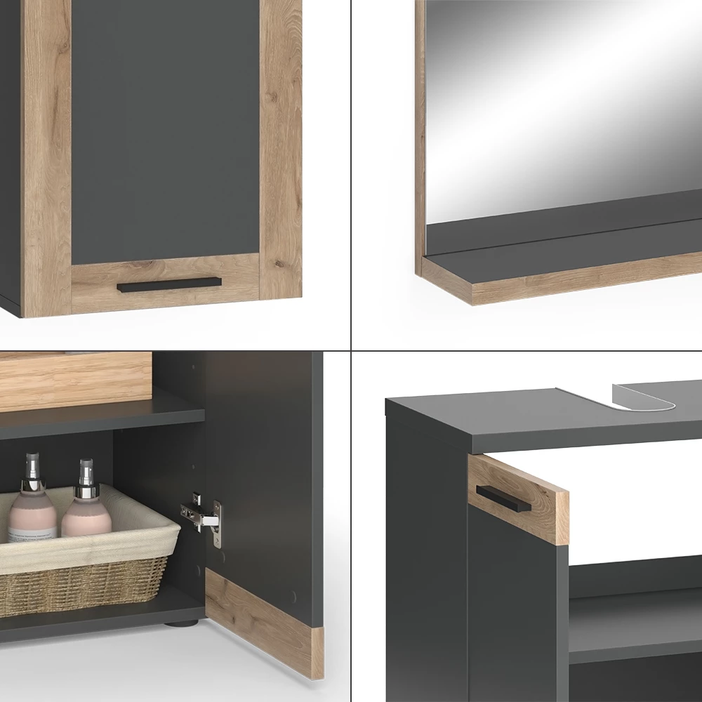 Vicco Badmöbel-Set Anthrazit/Viking Oak mit Hängesschrank, Niko