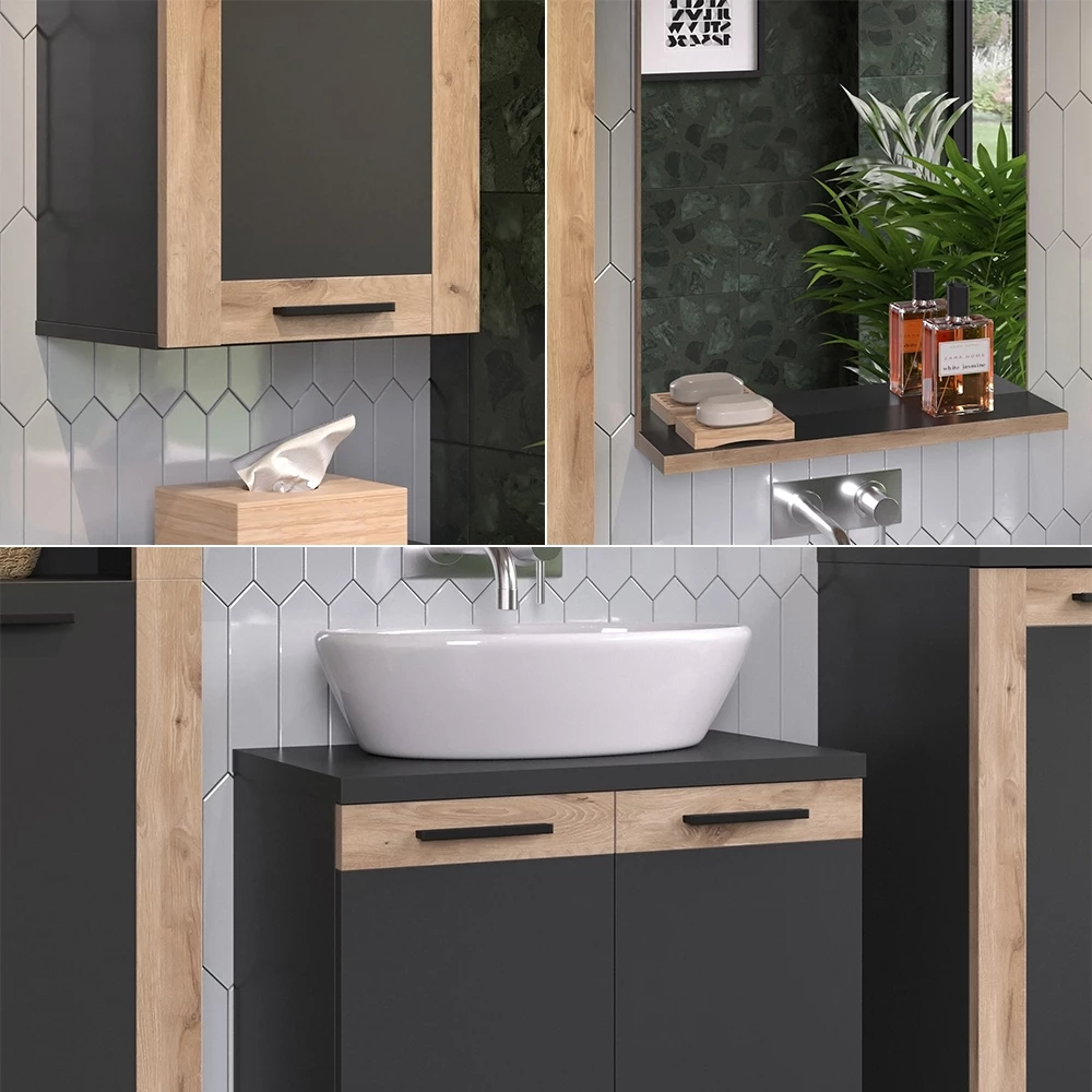 Vicco Badmöbel-Set Anthrazit/Viking Oak mit Hängesschrank, Niko