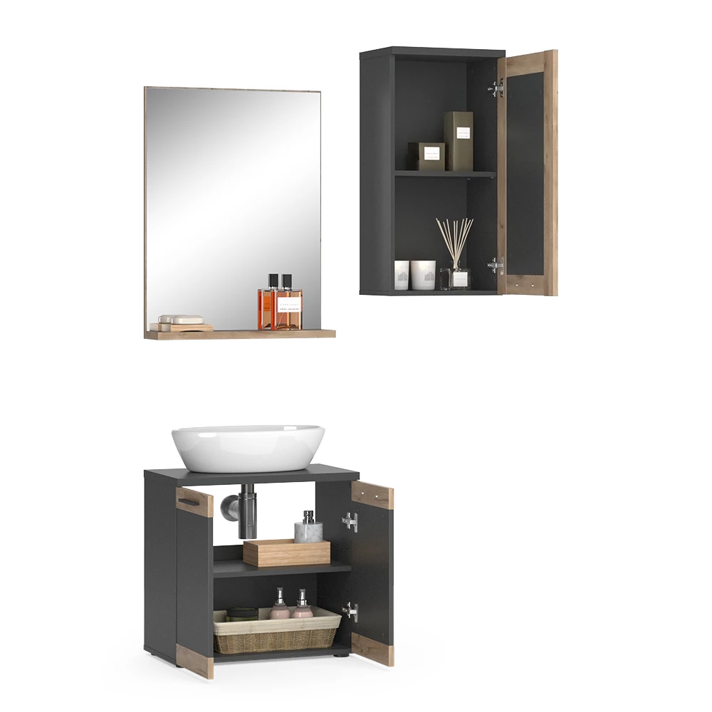Vicco Badmöbel-Set Anthrazit/Viking Oak mit Hängesschrank, Niko