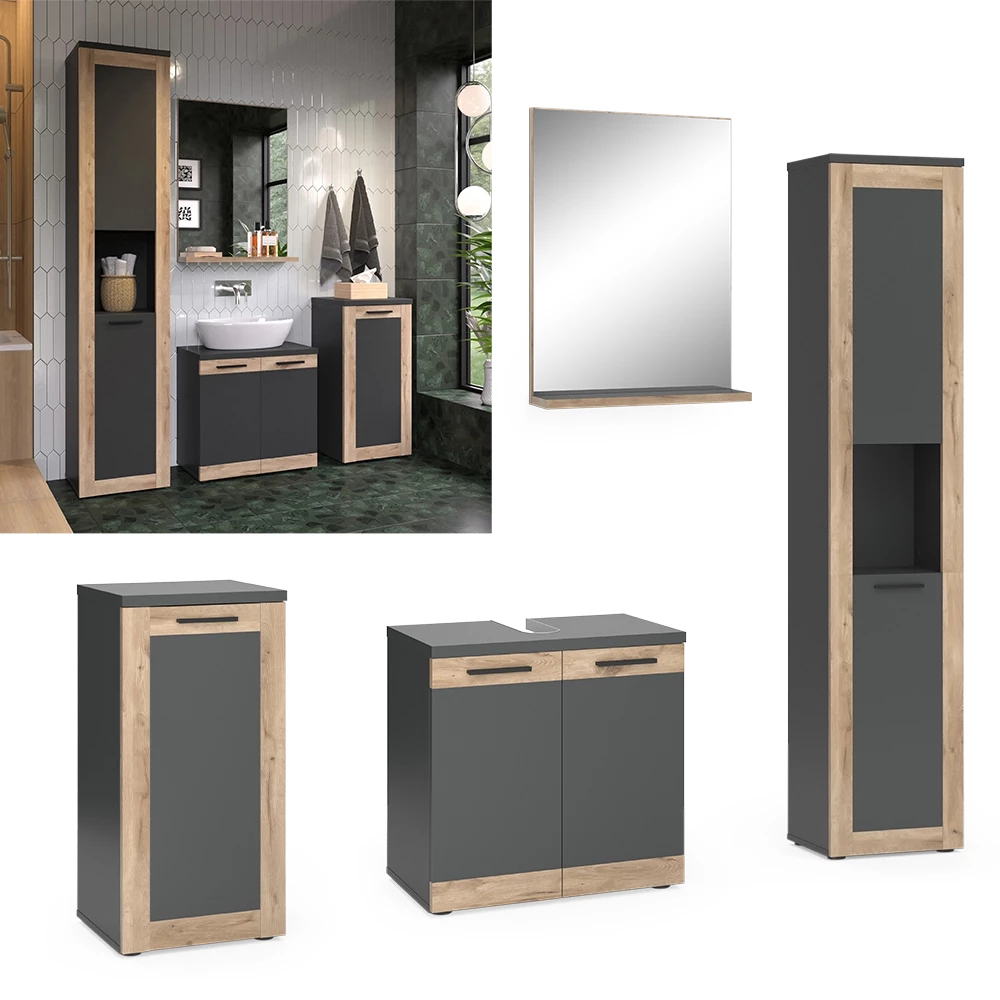 Vicco Set di mobili da bagno Antracite/quercia vichinga con unità midi e alte, Niko