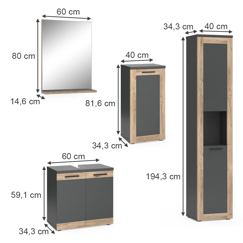 Vicco Set di mobili da bagno Antracite/quercia vichinga con unità midi e alte, Niko