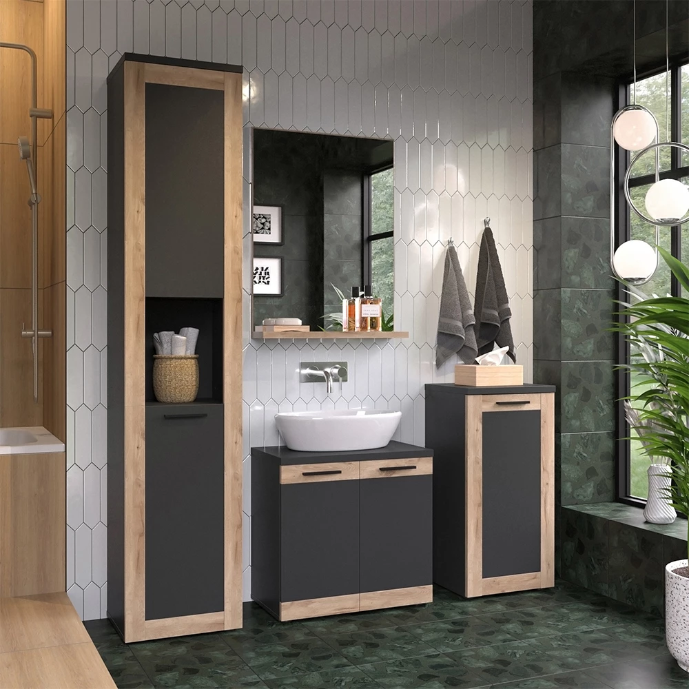 Vicco Set di mobili da bagno Antracite/quercia vichinga con unità midi e alte, Niko