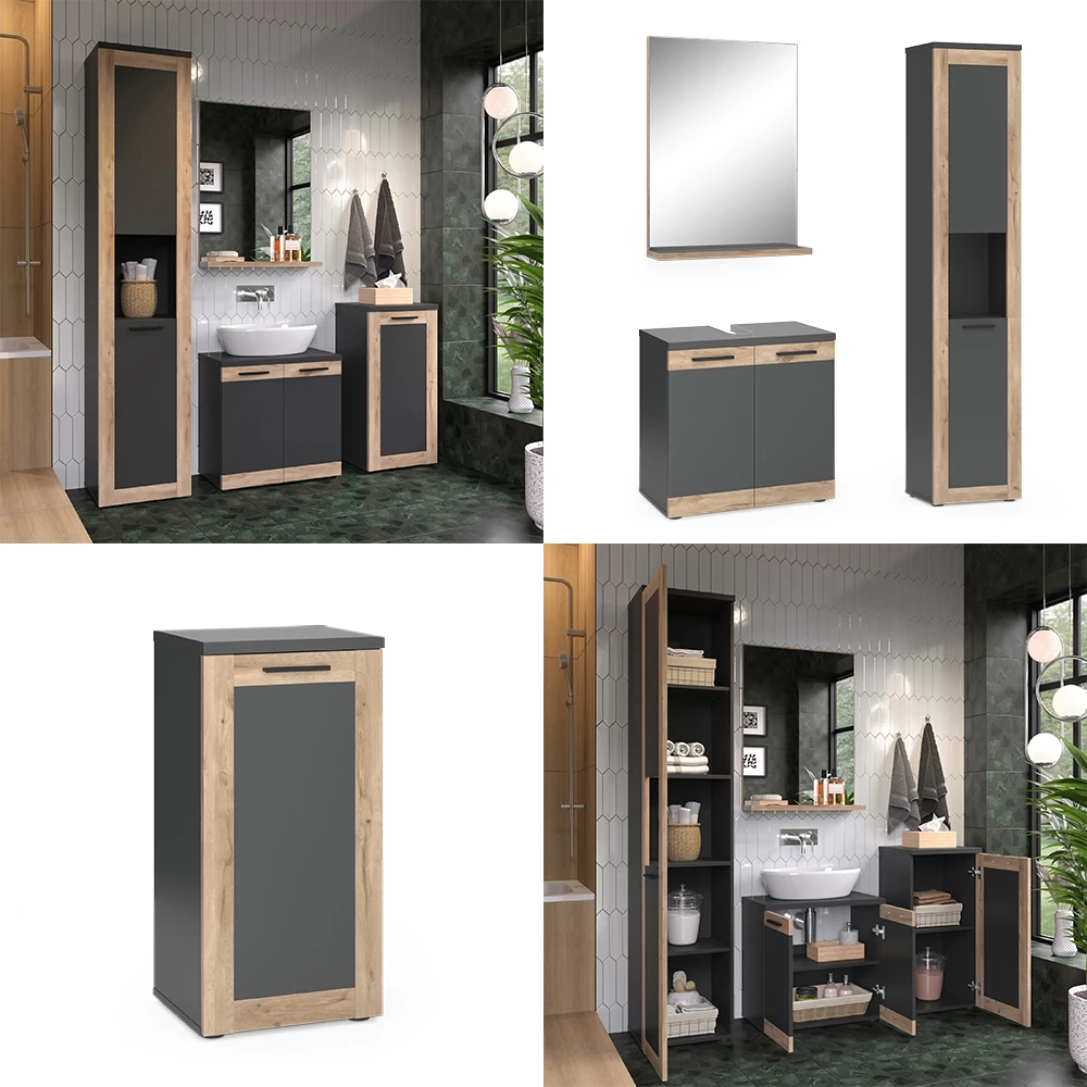Vicco Set di mobili da bagno Antracite/quercia vichinga con unità midi e alte, Niko