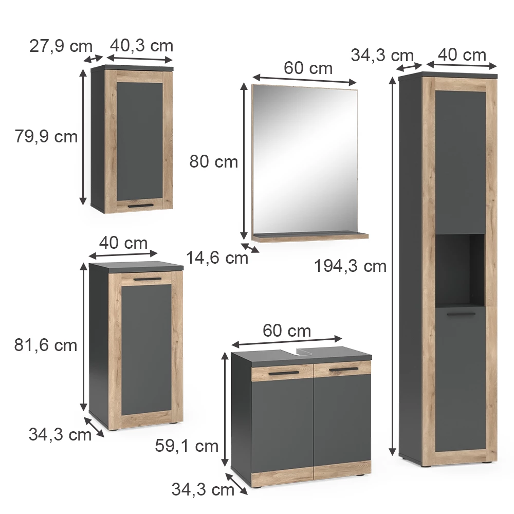 Vicco Badkamermeubelset Antraciet/Viking Eik Complete set, Niko