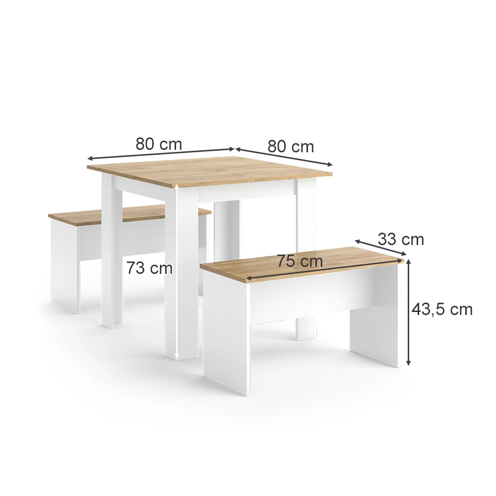 livinity® Esstisch Set Weiß/Goldkraft Eiche 80 x 80 cm mit 2 Bänken, Sentio