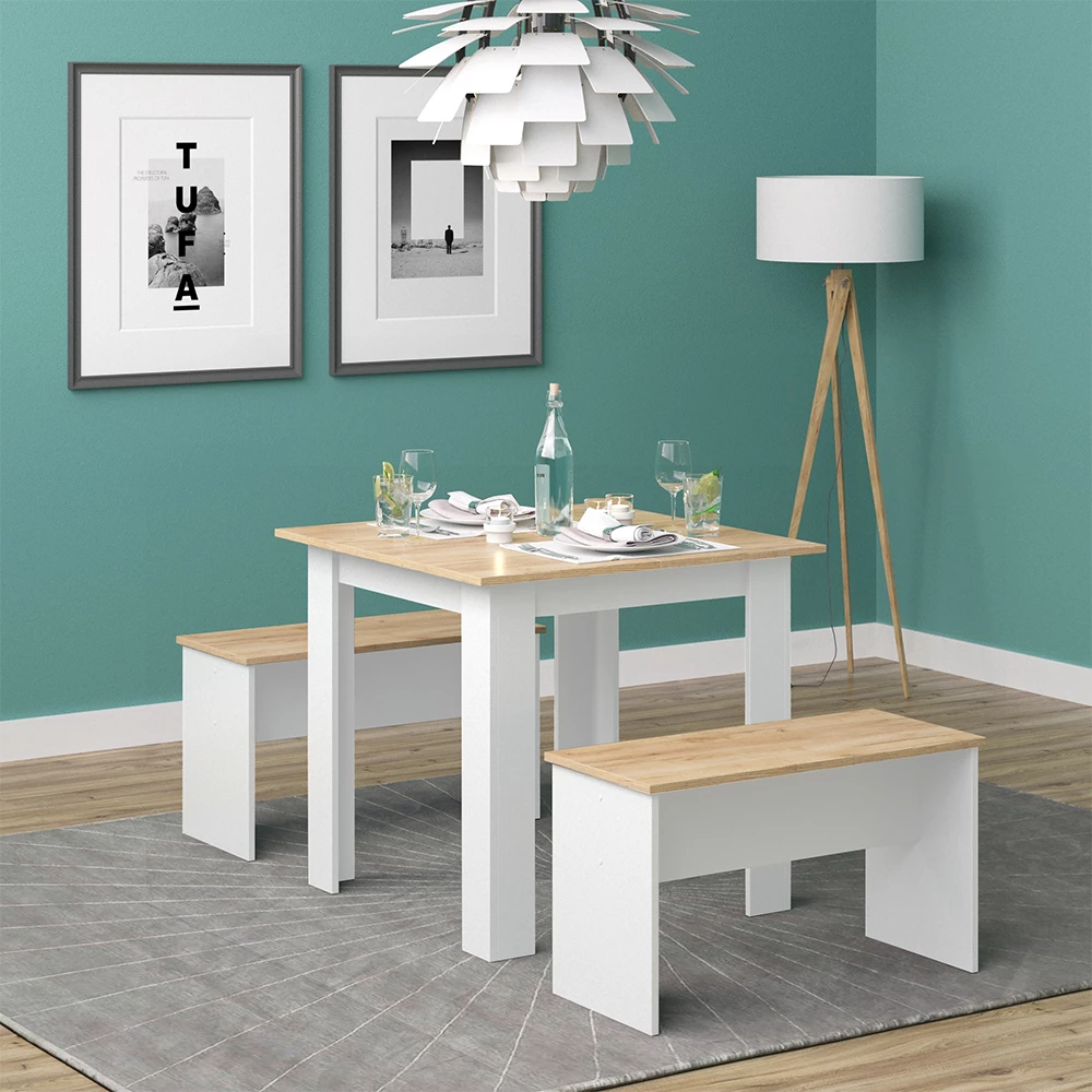 livinity® Esstisch Set Weiß/Goldkraft Eiche 80 x 80 cm mit 2 Bänken, Sentio