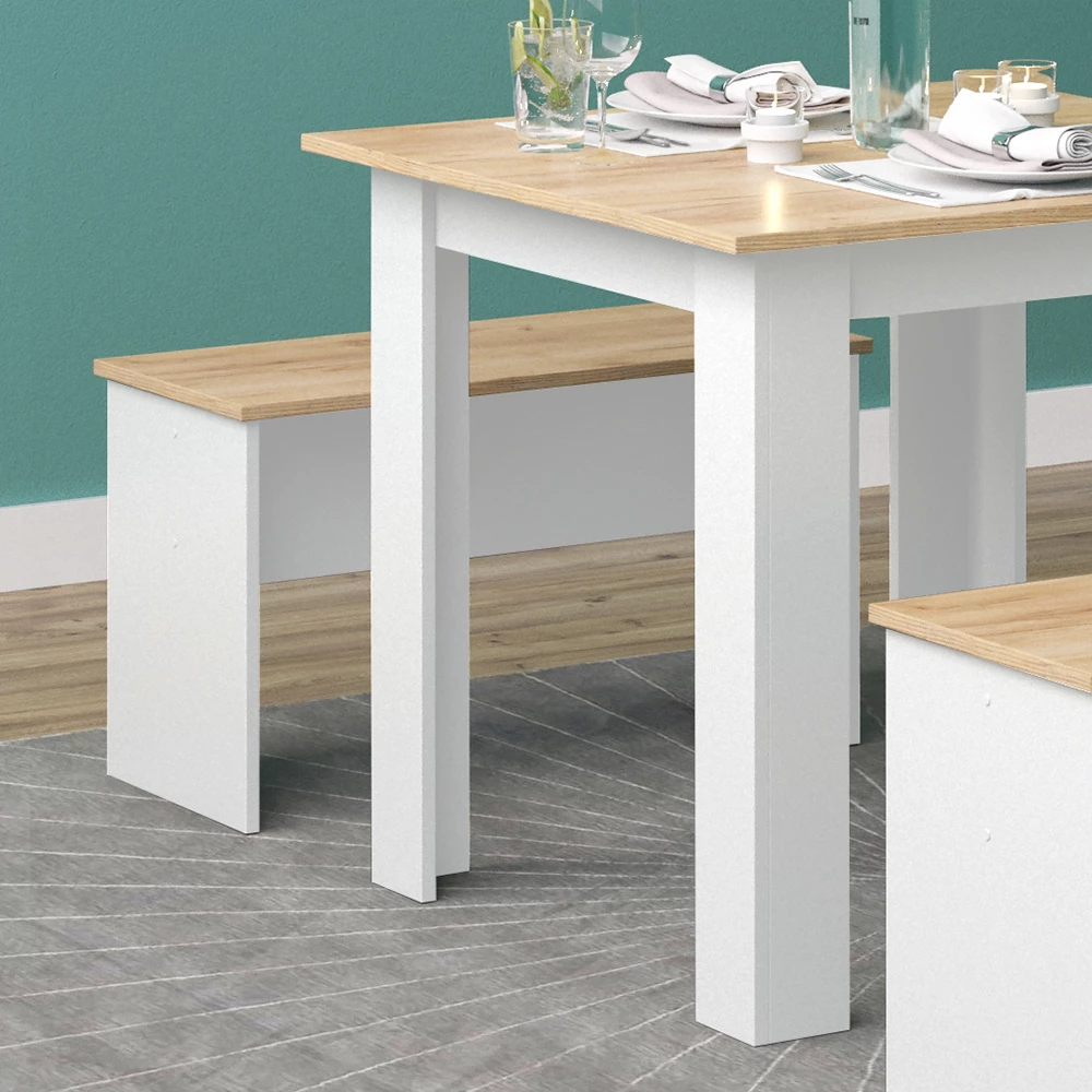 livinity® Esstisch Set Weiß/Goldkraft Eiche 80 x 80 cm mit 2 Bänken, Sentio
