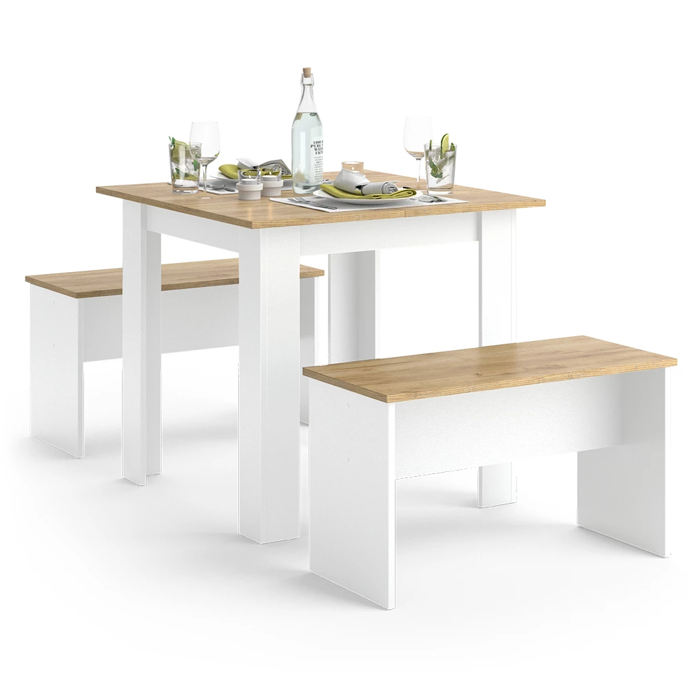 livinity® Esstisch Set Weiß/Goldkraft Eiche 80 x 80 cm mit 2 Bänken, Sentio