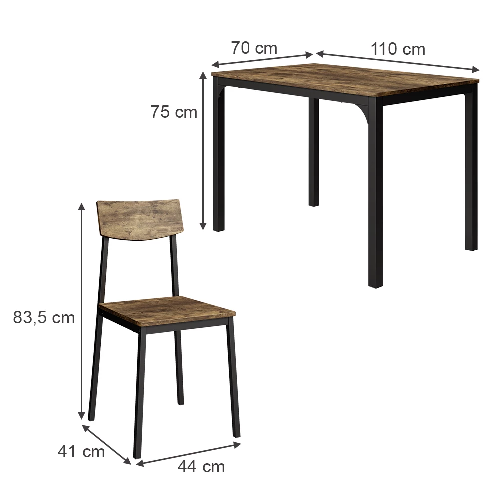 Eettafel set in Zwart/eiken rustiek op een witte achtergrond met zichtbare afmetingen