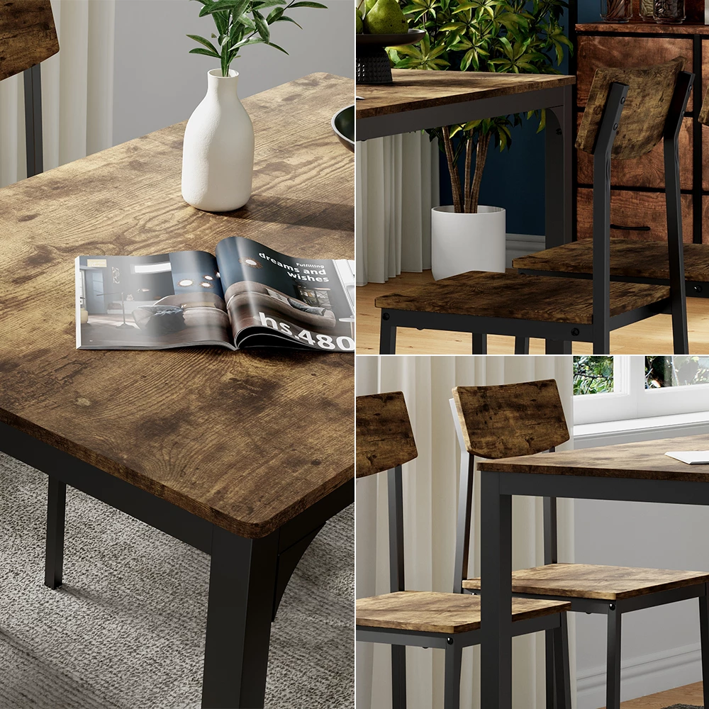 Close-up van Eettafel set in Zwart/eiken rustiek, met textuur/details