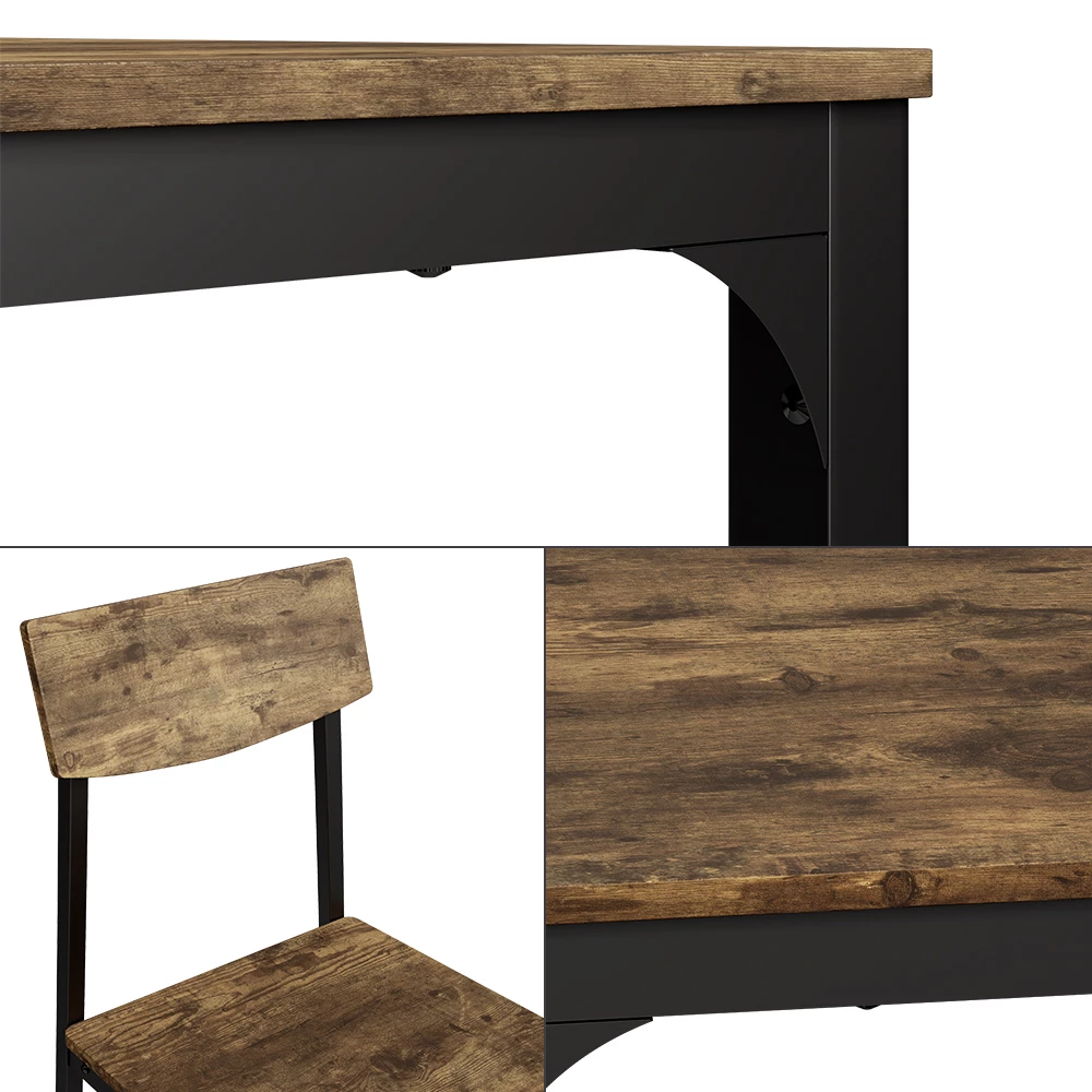 Close-up van Eettafel set in Zwart/eiken rustiek, met ontwerp- en oppervlakte-details