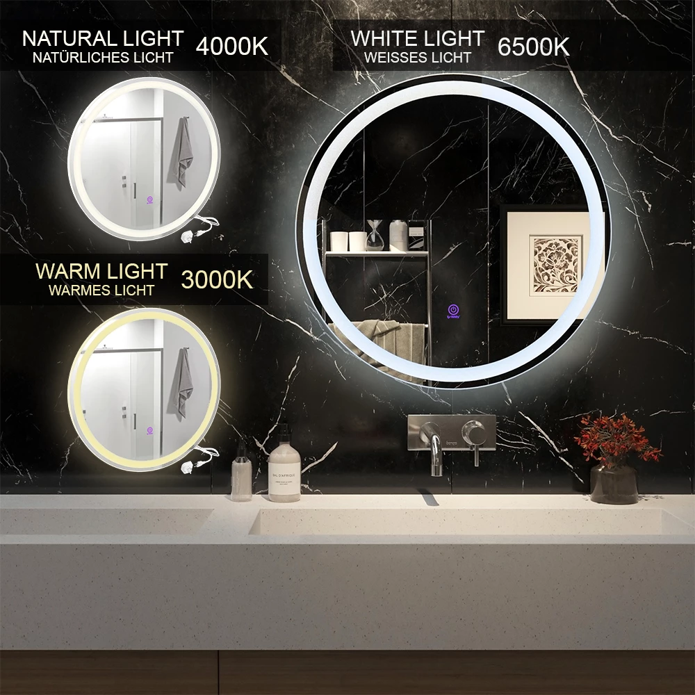 Vicco Spiegel mit LED-Beleuchtung Weiß 70 cm mit Touchschalter, Lumos