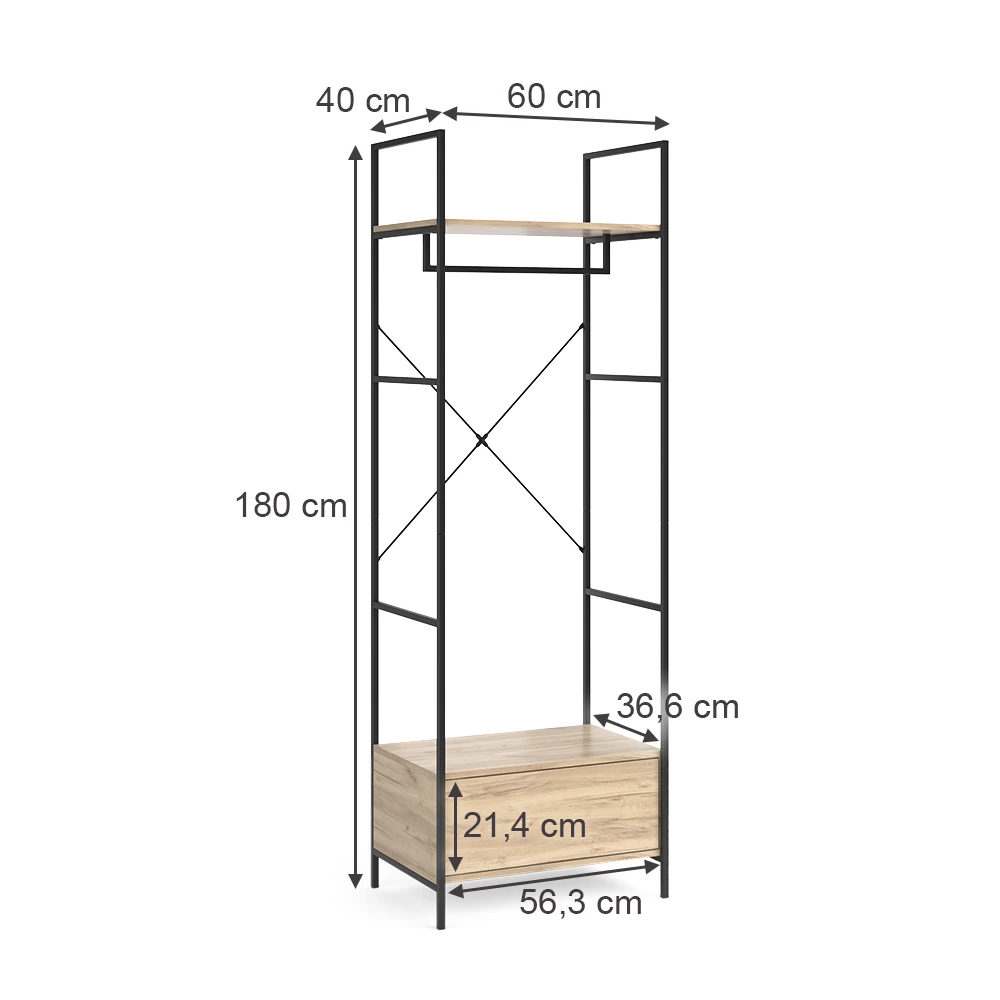 Garderobe i farven Træ på hvid baggrund med synlige dimensioner