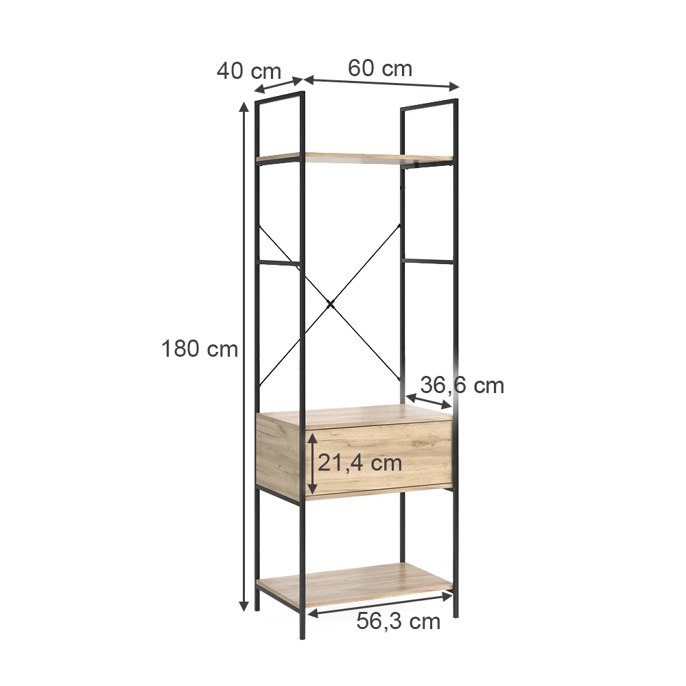 Garderobe i farven Træ på hvid baggrund med synlige dimensioner