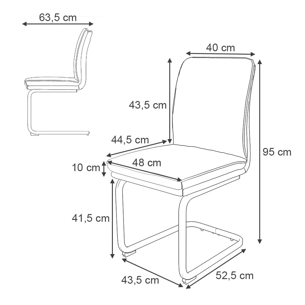 Kragstol in antracit on white background with visible dimensions