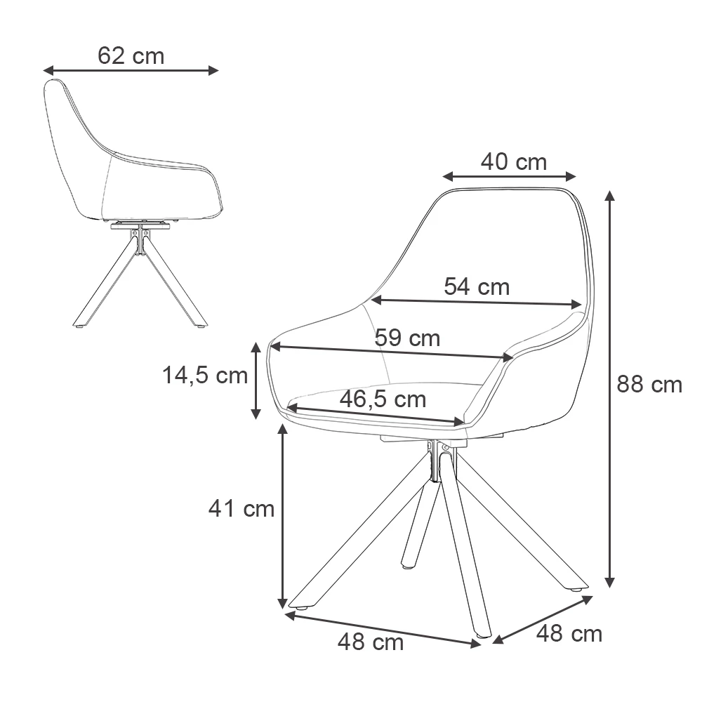Loungestol i farven Antracit på hvid baggrund med synlige dimensioner