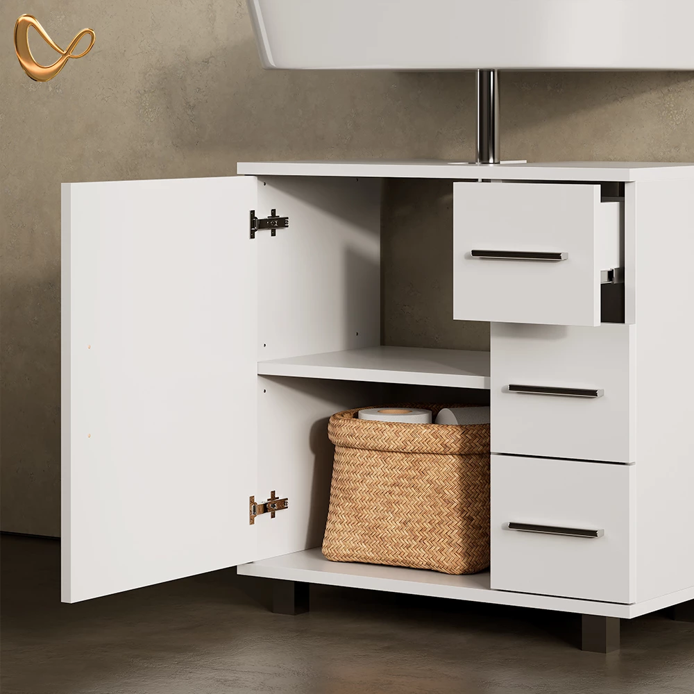 Nahaufnahme von Badmöbel-Set in Weiß, zeigt Design- und Oberflächendetails