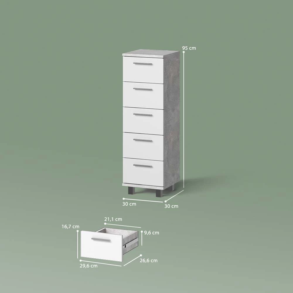 Badschrank in Beton auf weißem Hintergrund mit sichtbaren Maßen