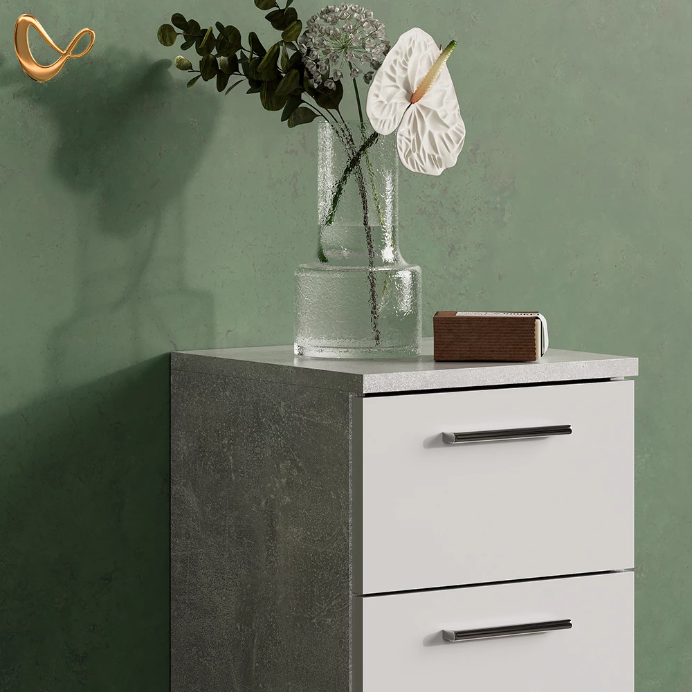 Nahaufnahme von Badmöbel-Set in Beton/Weiß, zeigt Design- und Oberflächendetails