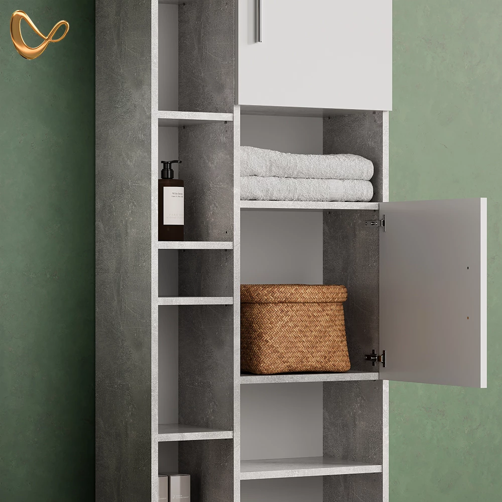 Nahaufnahme von Badmöbel-Set in Beton, zeigt Design- und Oberflächendetails