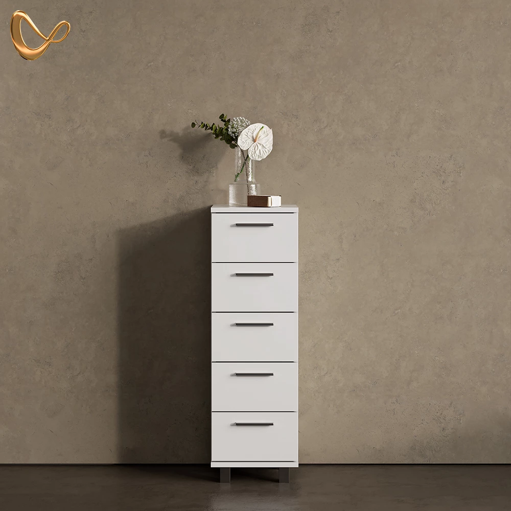 Livinity Cassettiera Da Bagno Eisak – 30x95x30 Cm, Bianco Lucido, 5 Cassetti, Facile Da Pulire
