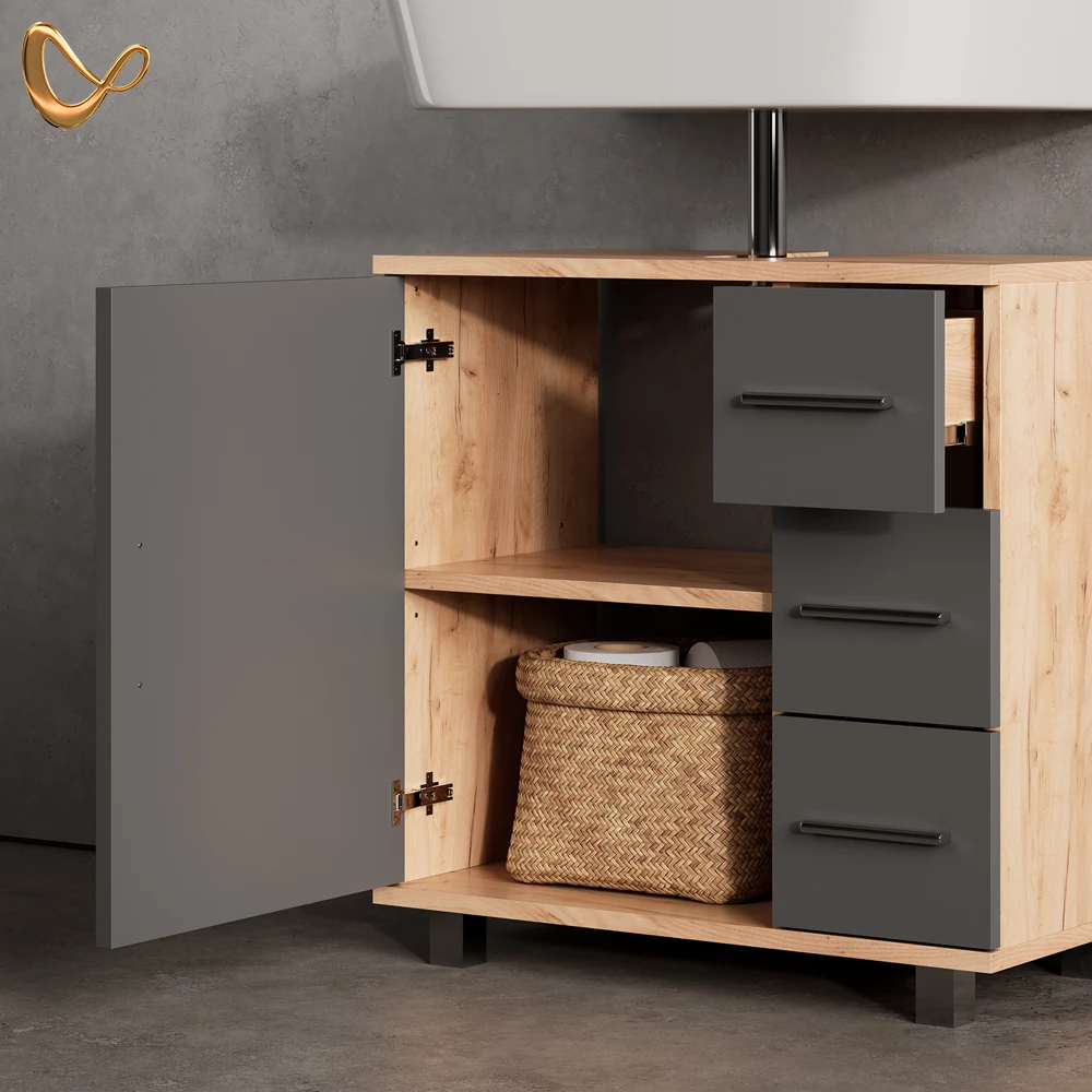Nahaufnahme von Badmöbel-Set in Eiche, zeigt Design- und Oberflächendetails