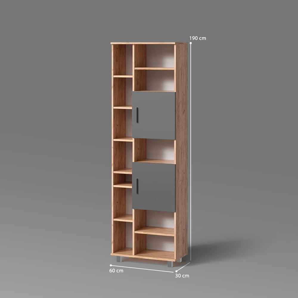 Badschrank in Goldkraft Eiche auf weißem Hintergrund mit sichtbaren Maßen