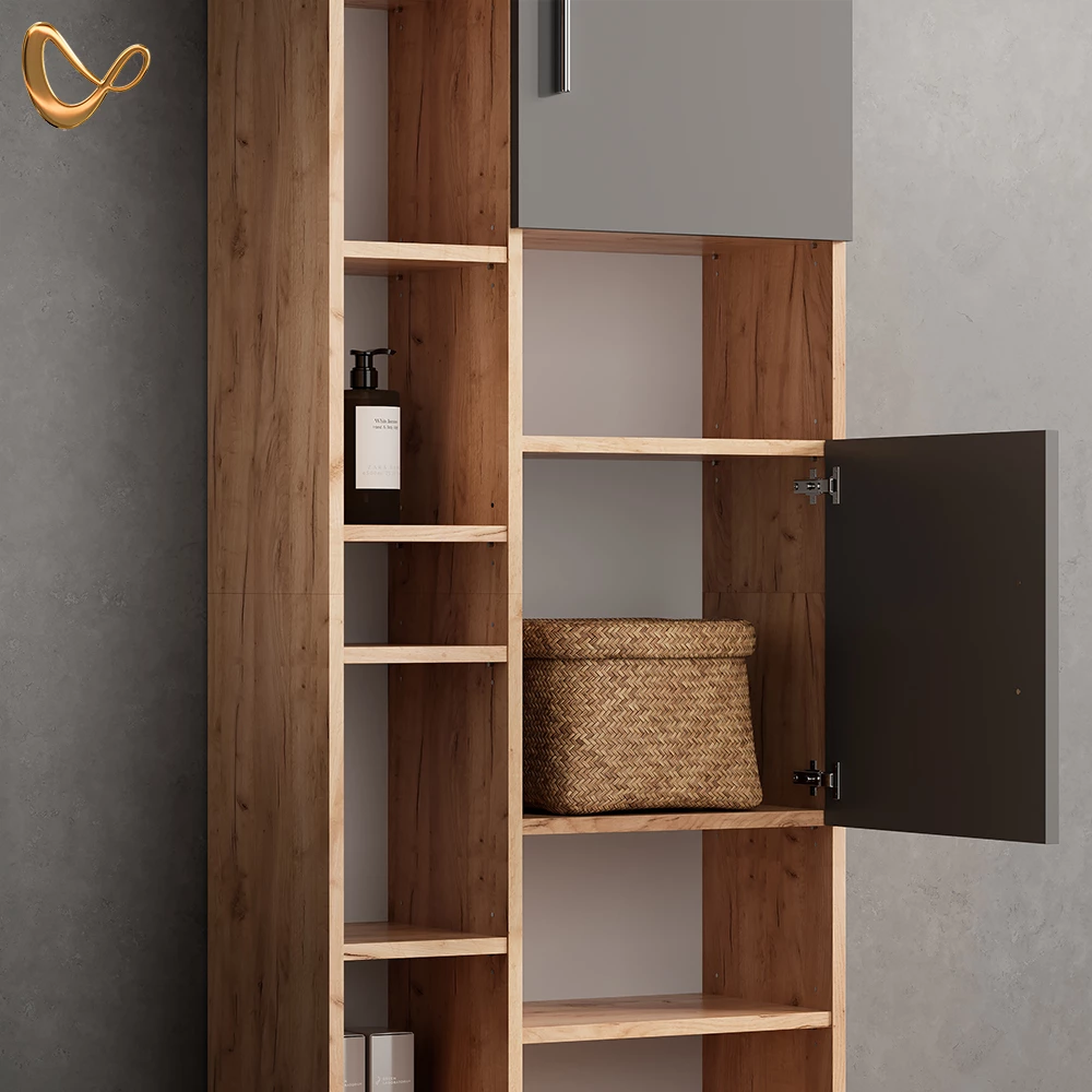 Nahaufnahme von Badmöbel-Set in Anthrazit/Goldkraft Eiche, zeigt Design- und Oberflächendetails
