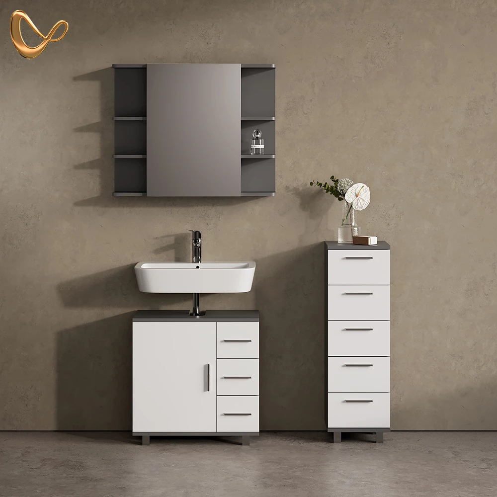 Badmöbel-Set in Anthrazit, dargestellt im Ambiente und auf weißem Hintergrund