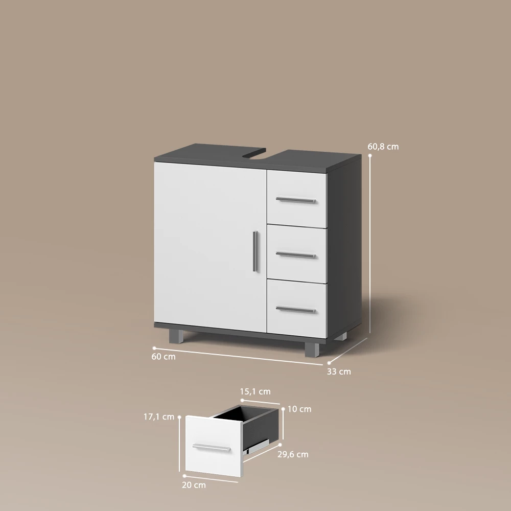 Waschbeckenunterschrank in Anthrazit auf weißem Hintergrund mit sichtbaren Maßen