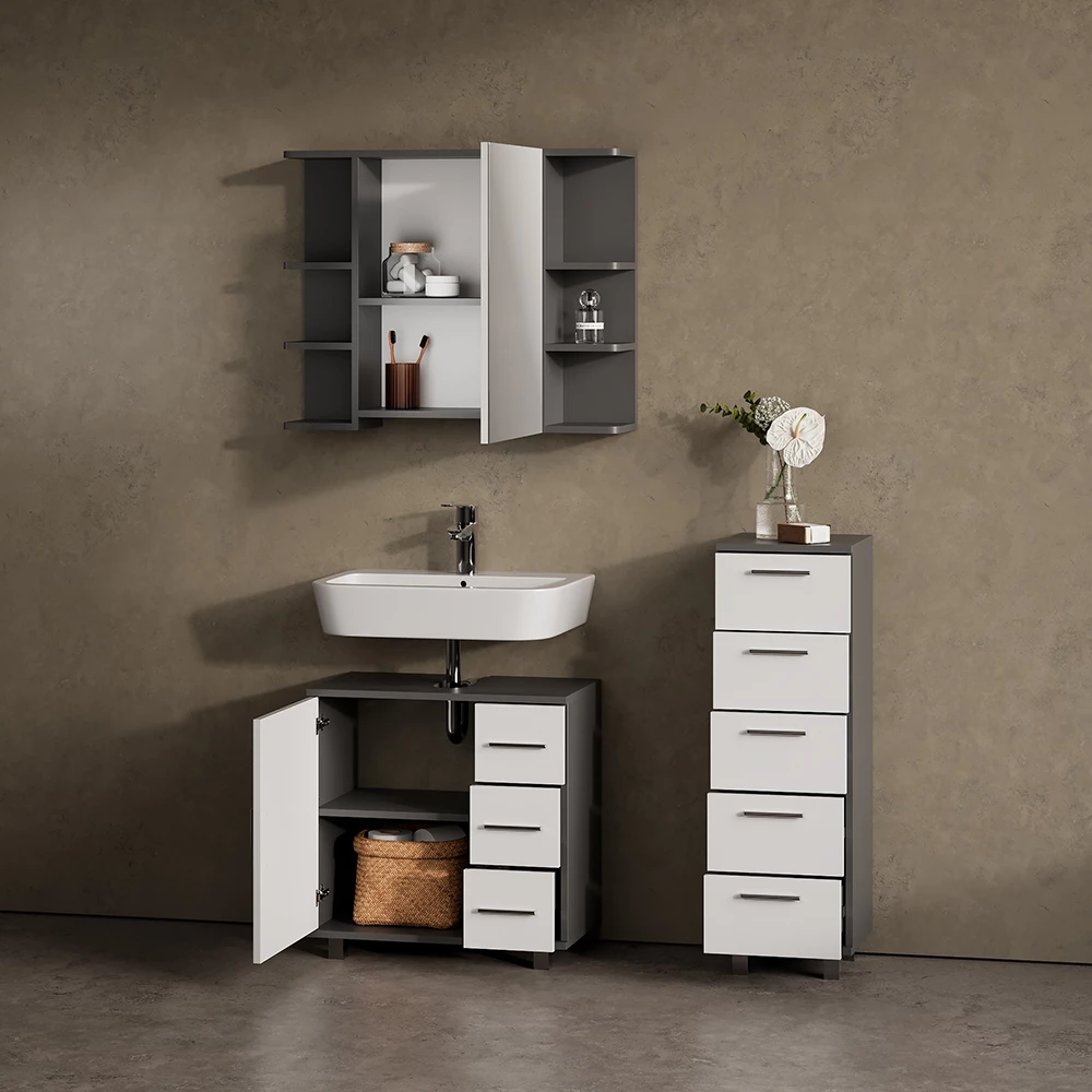 Nahaufnahme von Badmöbel-Set in Anthrazit, zeigt Textur/Details