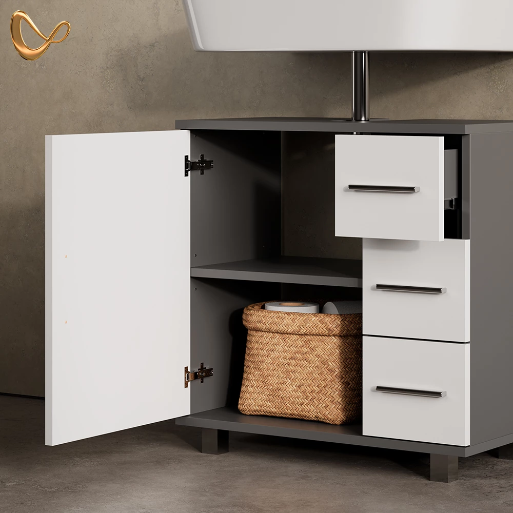 Nahaufnahme von Badmöbel-Set in Anthrazit, zeigt Design- und Oberflächendetails