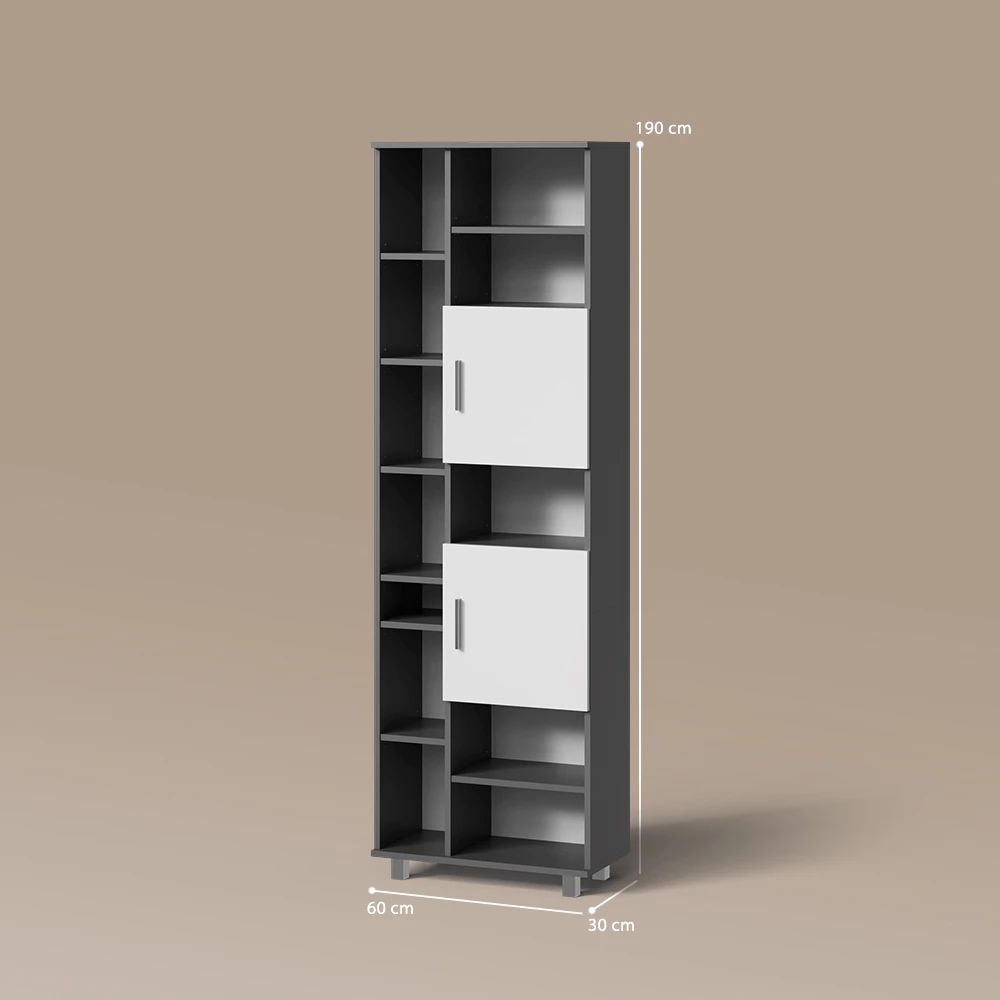 Badschrank in Anthrazit/Weiß auf weißem Hintergrund mit sichtbaren Maßen