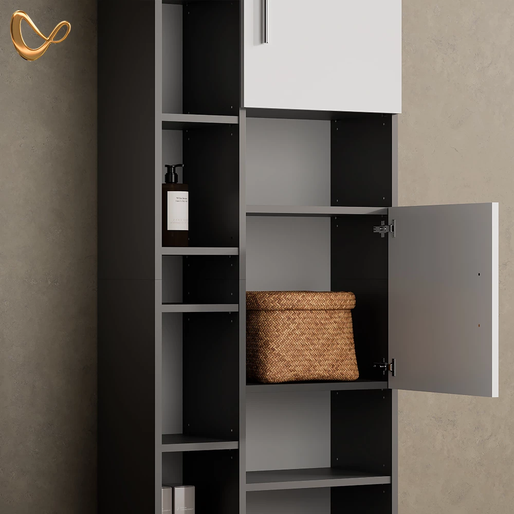 Nahaufnahme von Badmöbel-Set in Anthrazit, zeigt Design- und Oberflächendetails